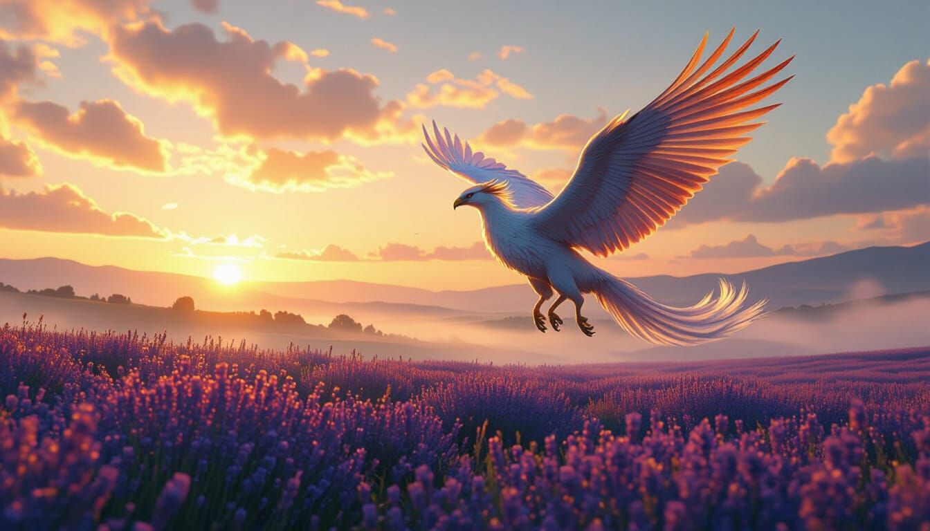 Griffin Soaring Over Lavender Field: Fantasy Concept Art