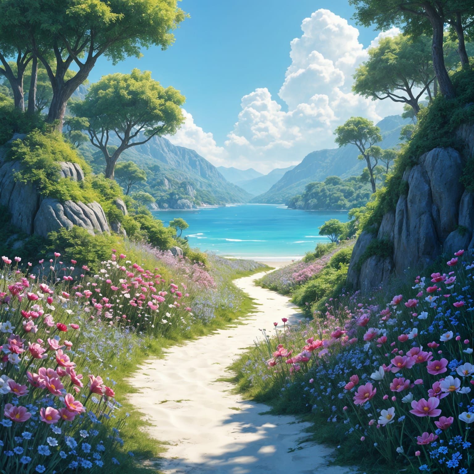 Epic Garden Fantasy Landscape with Anemones and Sandy Beach