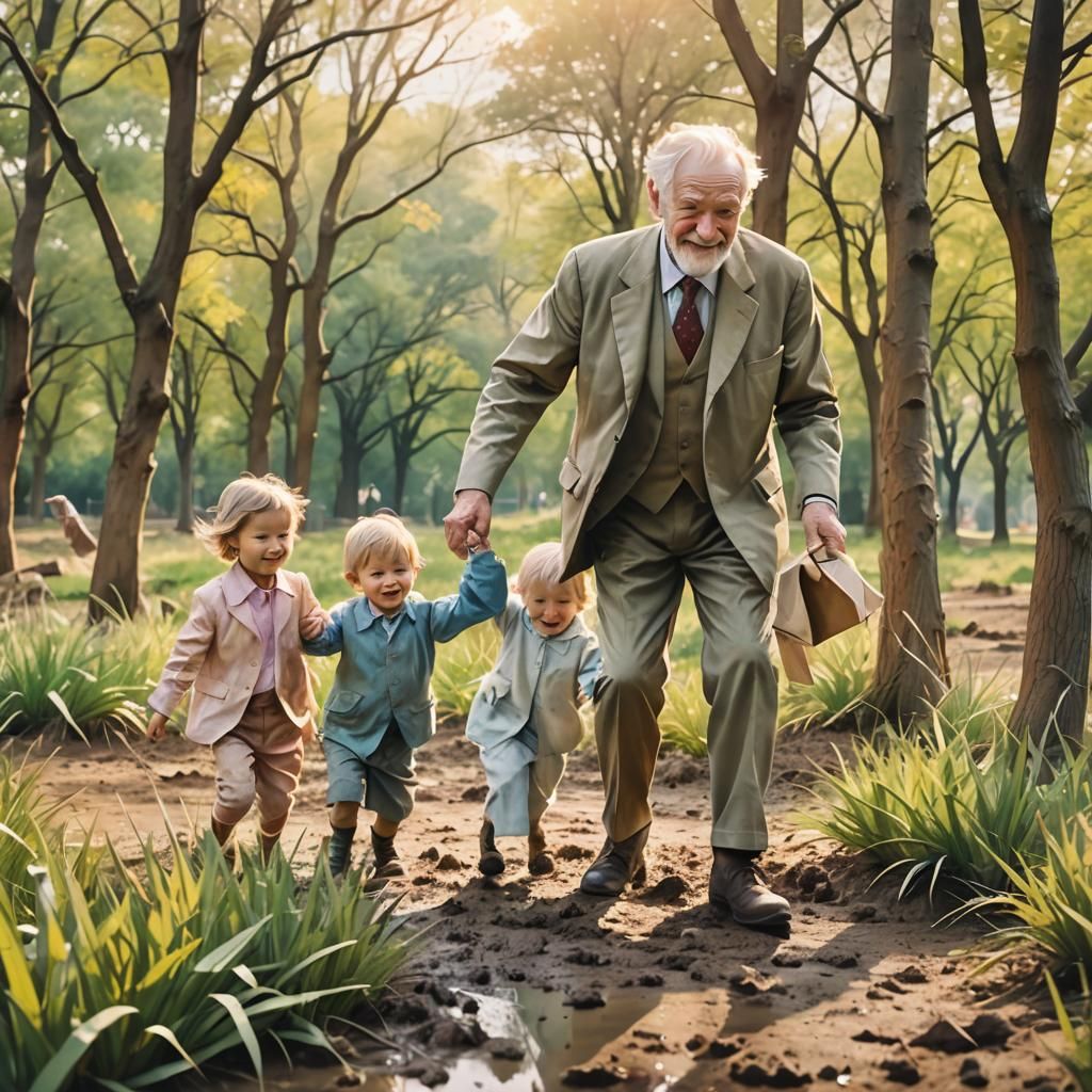 Watercolor Grandfather Plays with Grandchildren