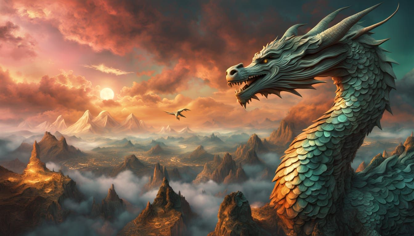 A magnificent, larger-than-life dragon soaring through the s...
