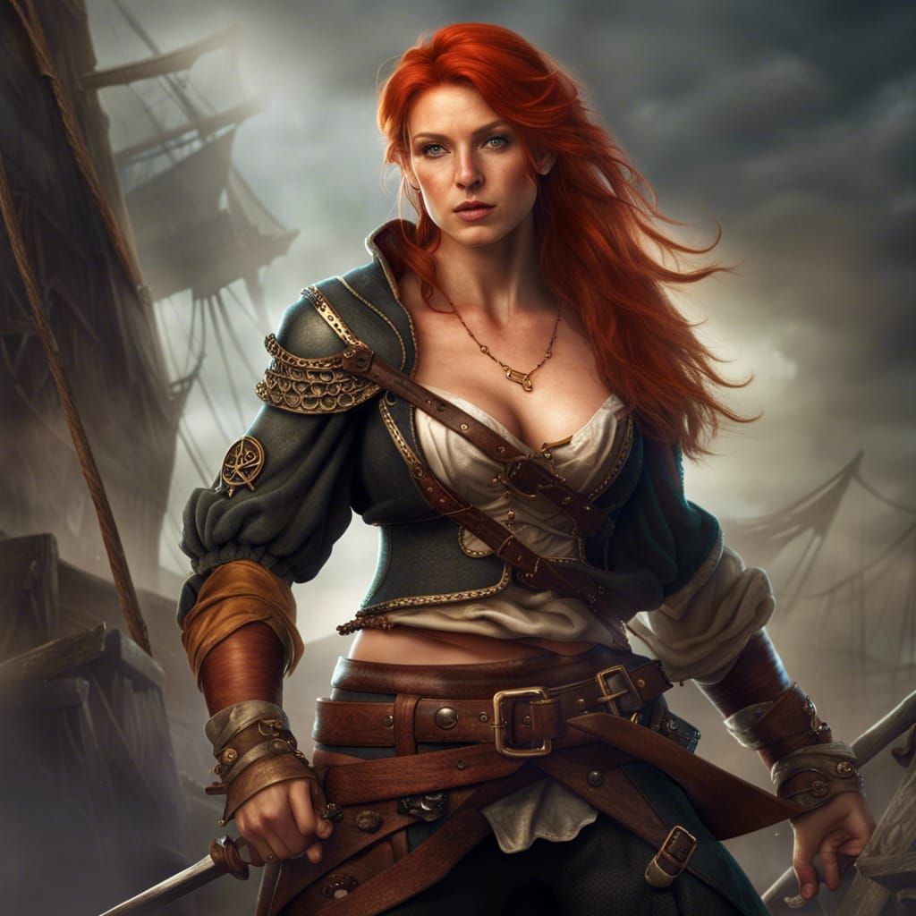 Red-Headed Pirate Woman in High Fantasy Style