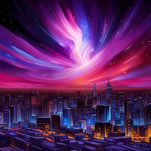 Galactic Graffiti: City Skyline Under Starry Skies