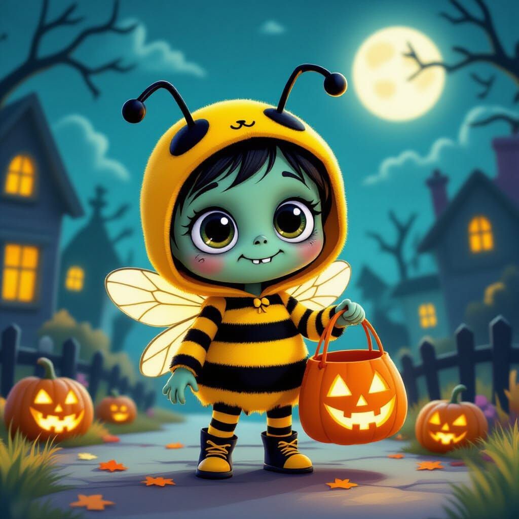 Cute Cartoon Zombie in Bee Costume with Trick or Treat Bag