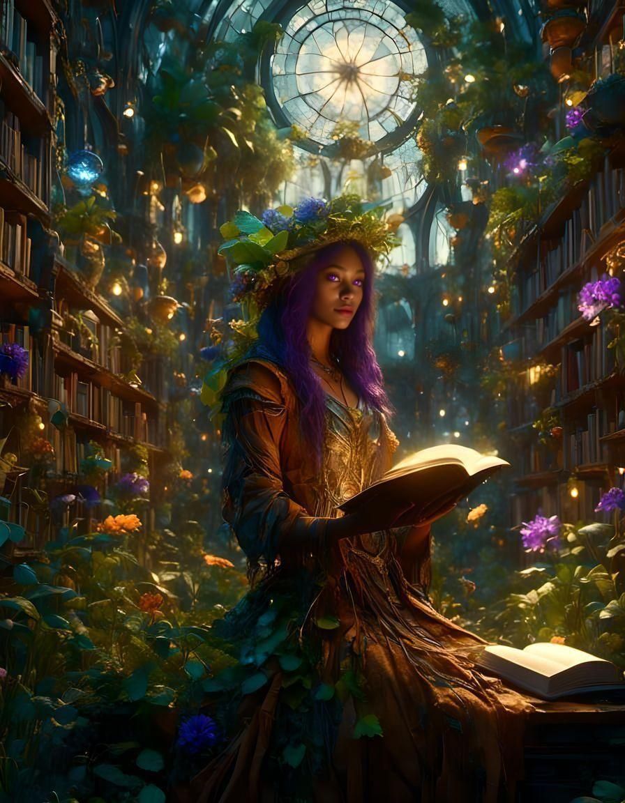 Woman Reads in Solarpunk Library at Night