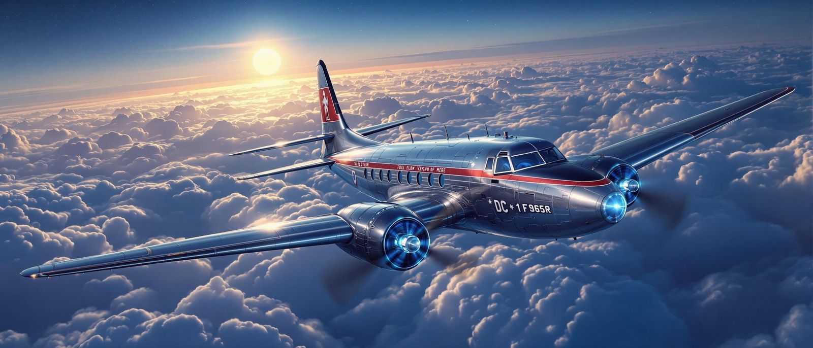 Futuristic DC-3 Prop Plane Soaring Above Clouds