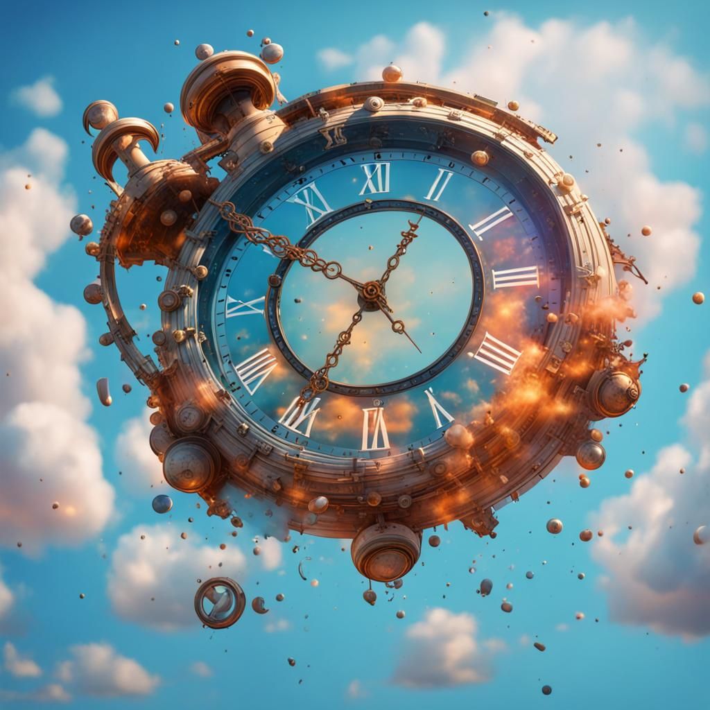 Surreal Clocks Floating in Blue Sky, Hyperrealistic