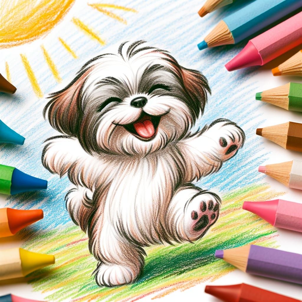 Shih Tzu Puppy's Joyful Dance: Crayon Illustration