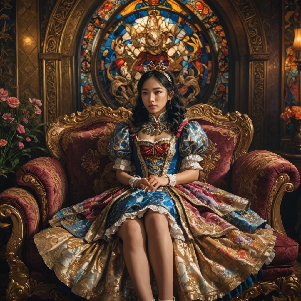 A Royal Asian woman dressed as Alice in Wonderland sitting on a sofa.