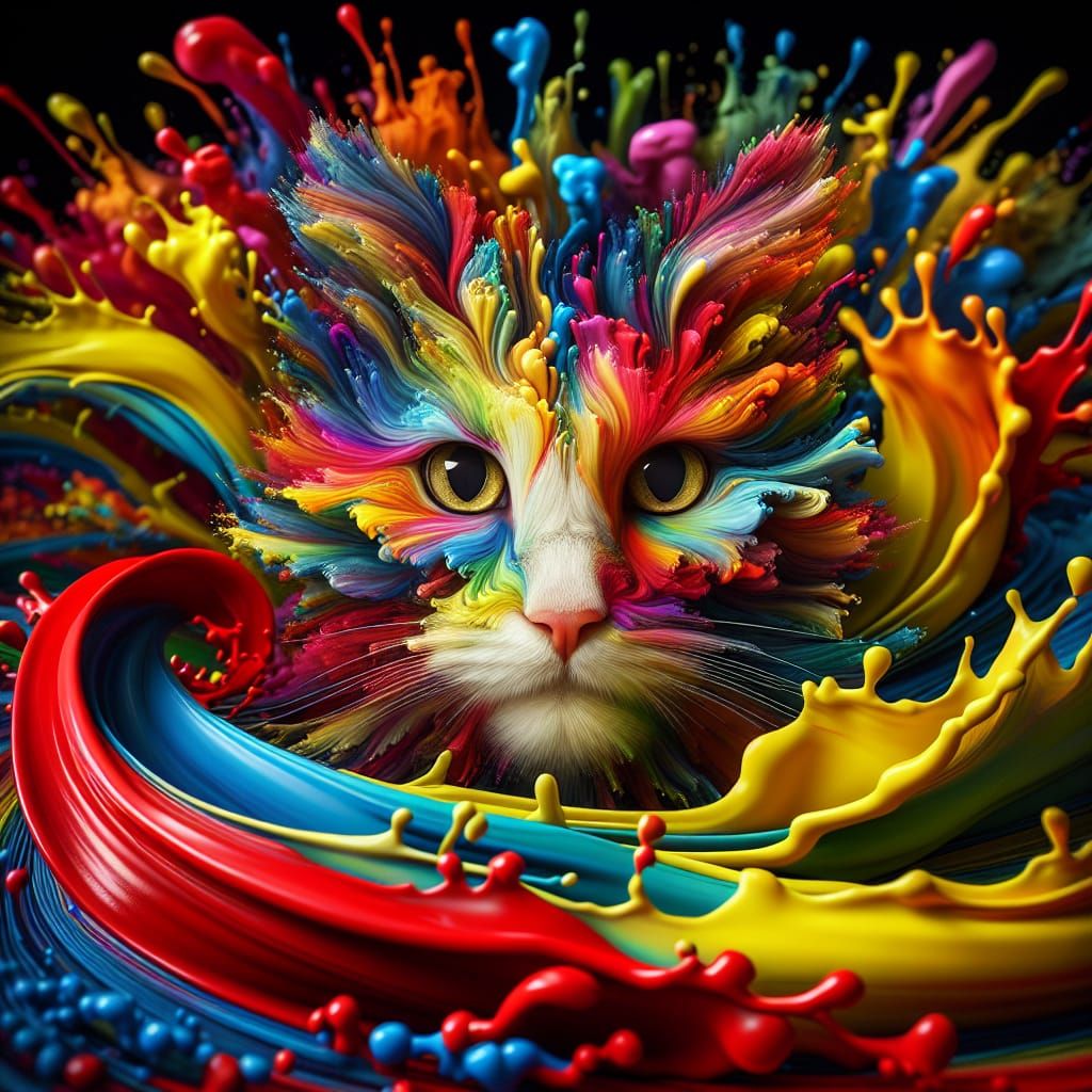 Vibrant Cat Emerge from Multicolored Paint Explosion