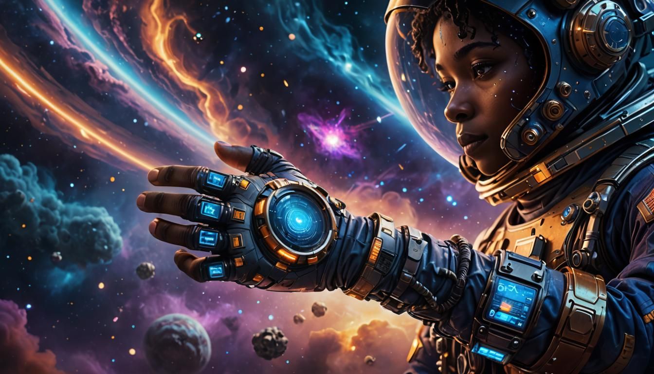 Astronaut's Smart Computer in Sci-Fi Nebula Scene