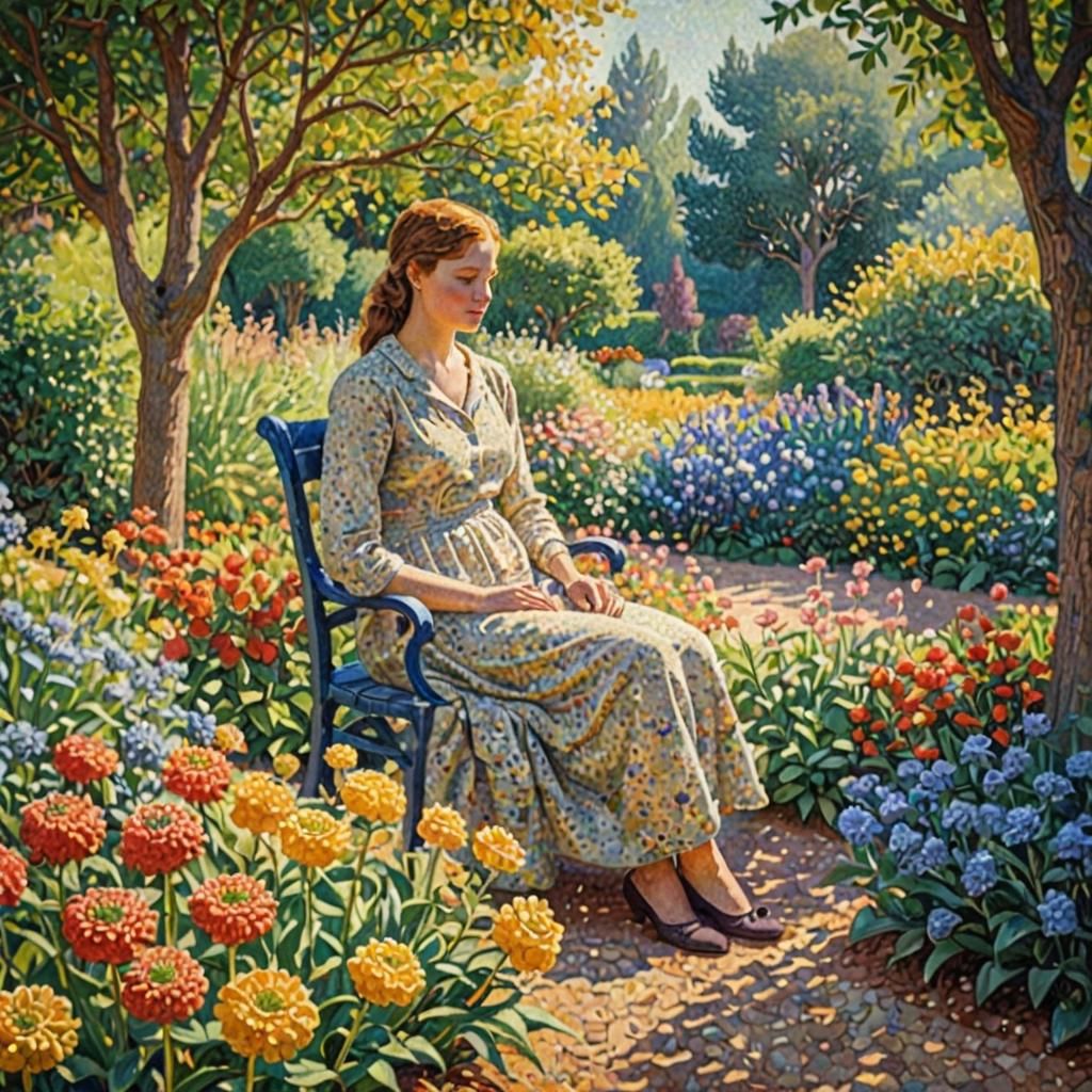 Woman in Garden as Pointillism Art