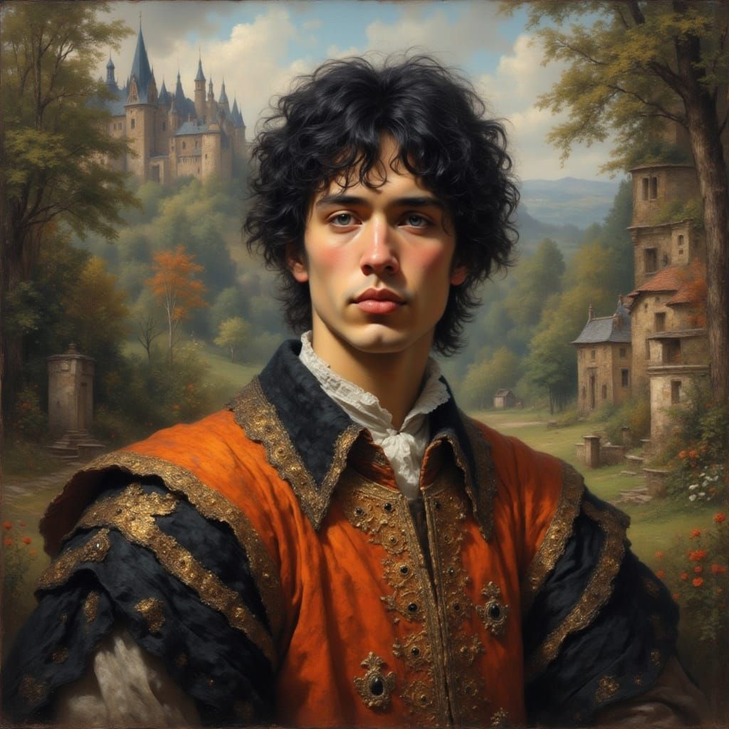 Renaissance Man in Lush Castle Garden, Baroque Style
