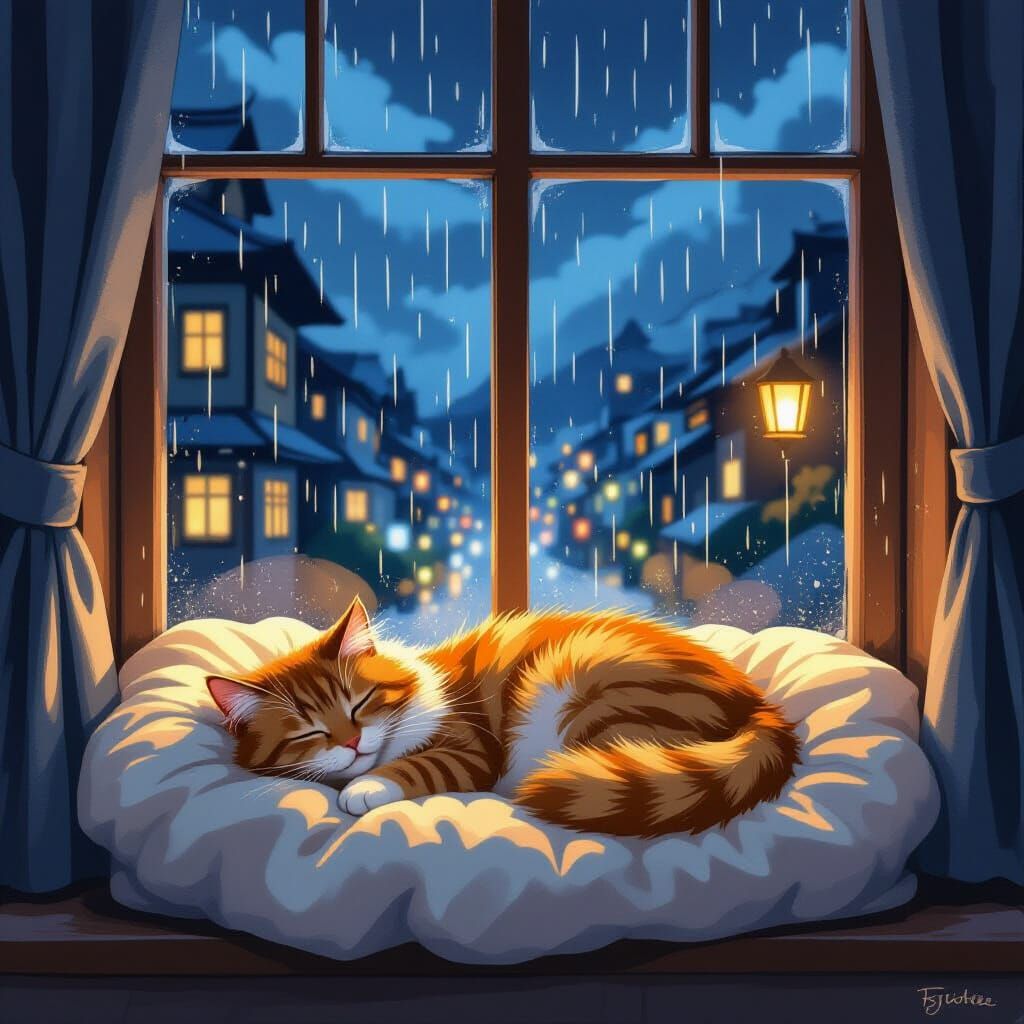 Cozy Cat Cafe Scene With Sleeping Cat at Night