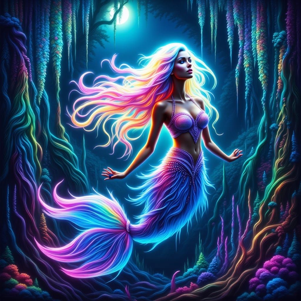 Bioluminescent Mermaid in Kelp Forest, Hyperrealistic Digita...