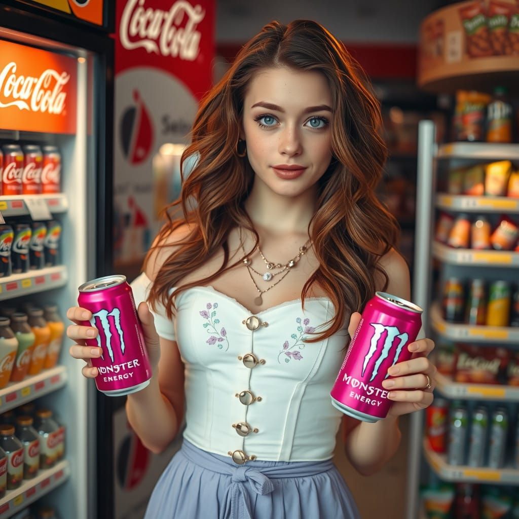 Young Woman in Convenience Store with Monster Energy Drink