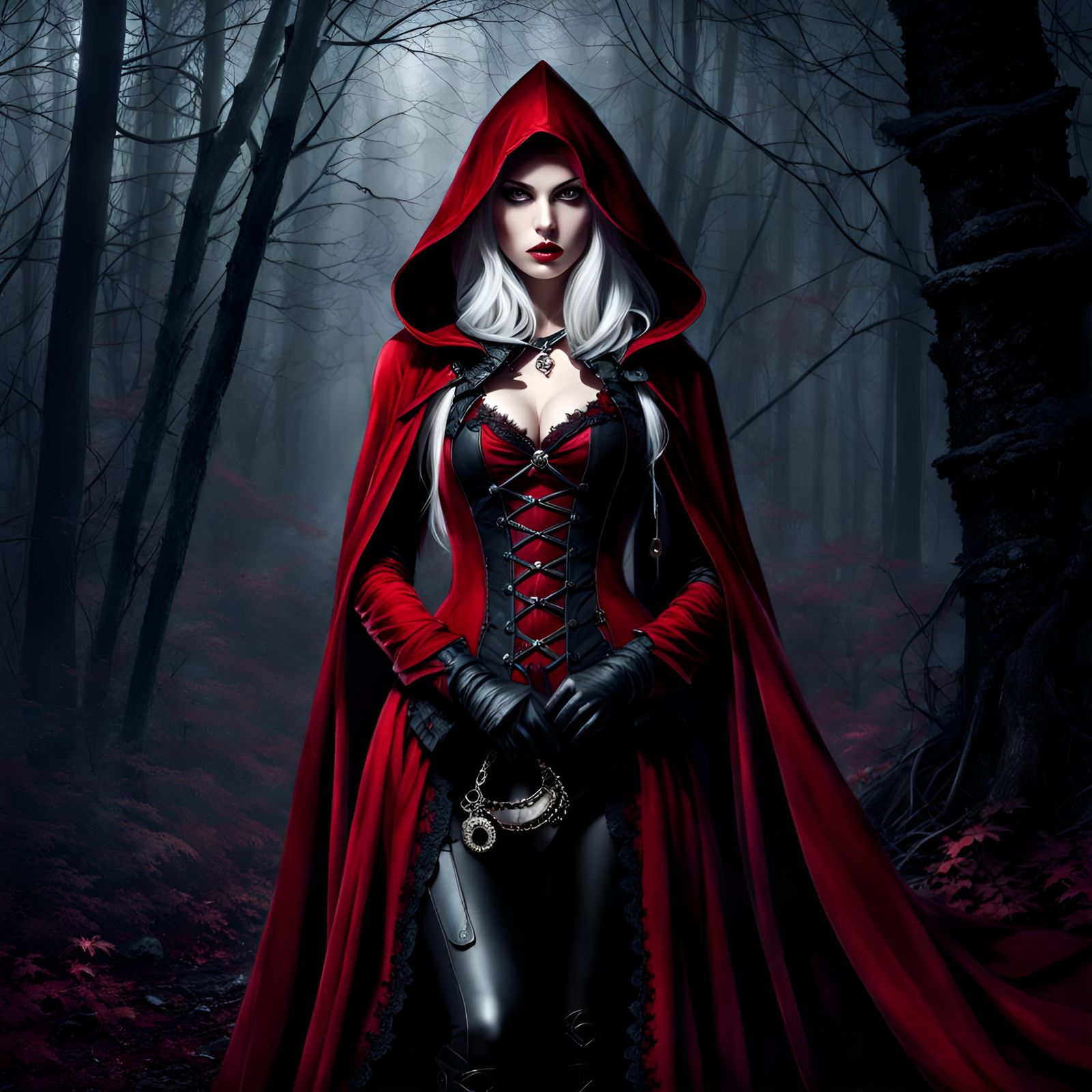 Gothic Little Red Riding Hood in Dark Forest