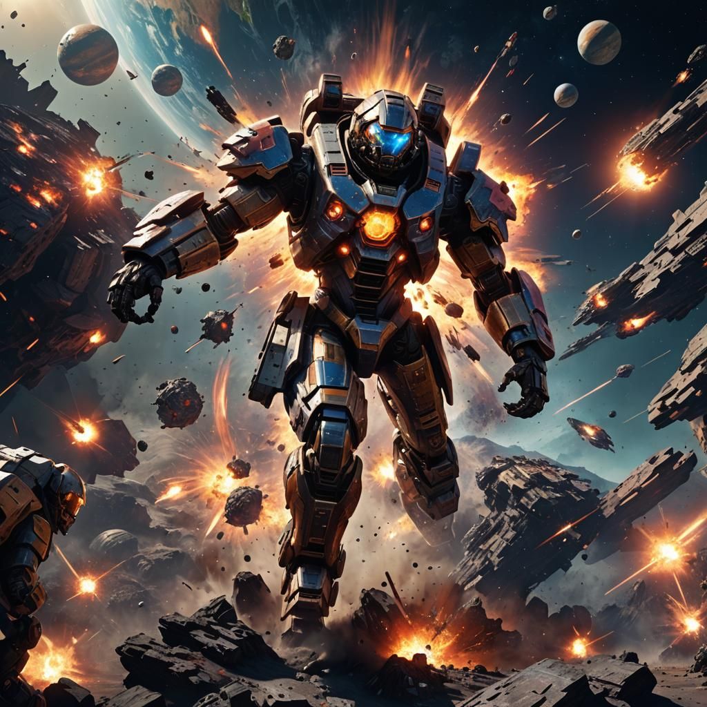 Planet Explosion with Battlesuit: Detailed Matte Painting
