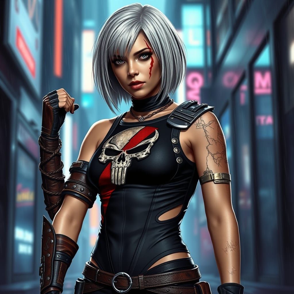 Cyberpunk Warrior Woman in Rain-Slicked Alley