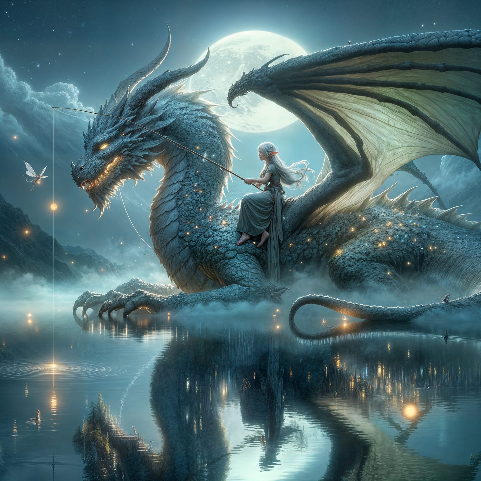 Elf and Dragon Fishing Over Moonlit Lake