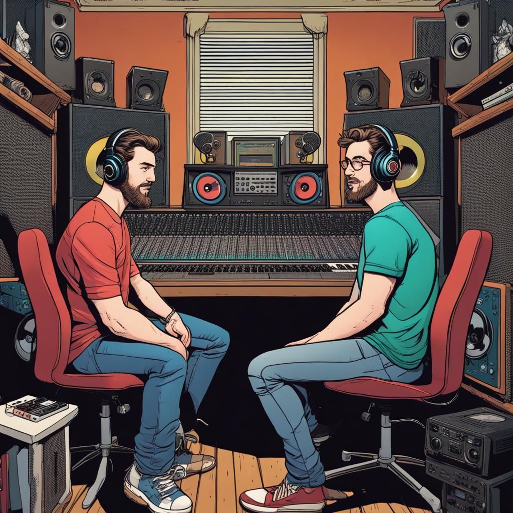 Podcasters Alex and Ben Recording in Cozy Studio