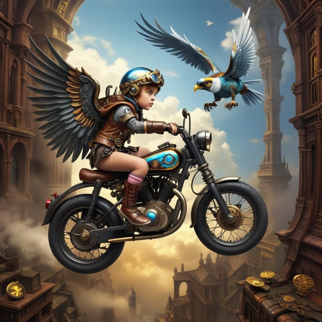 Steampunk Child on Winged Motorbike with Magic Map