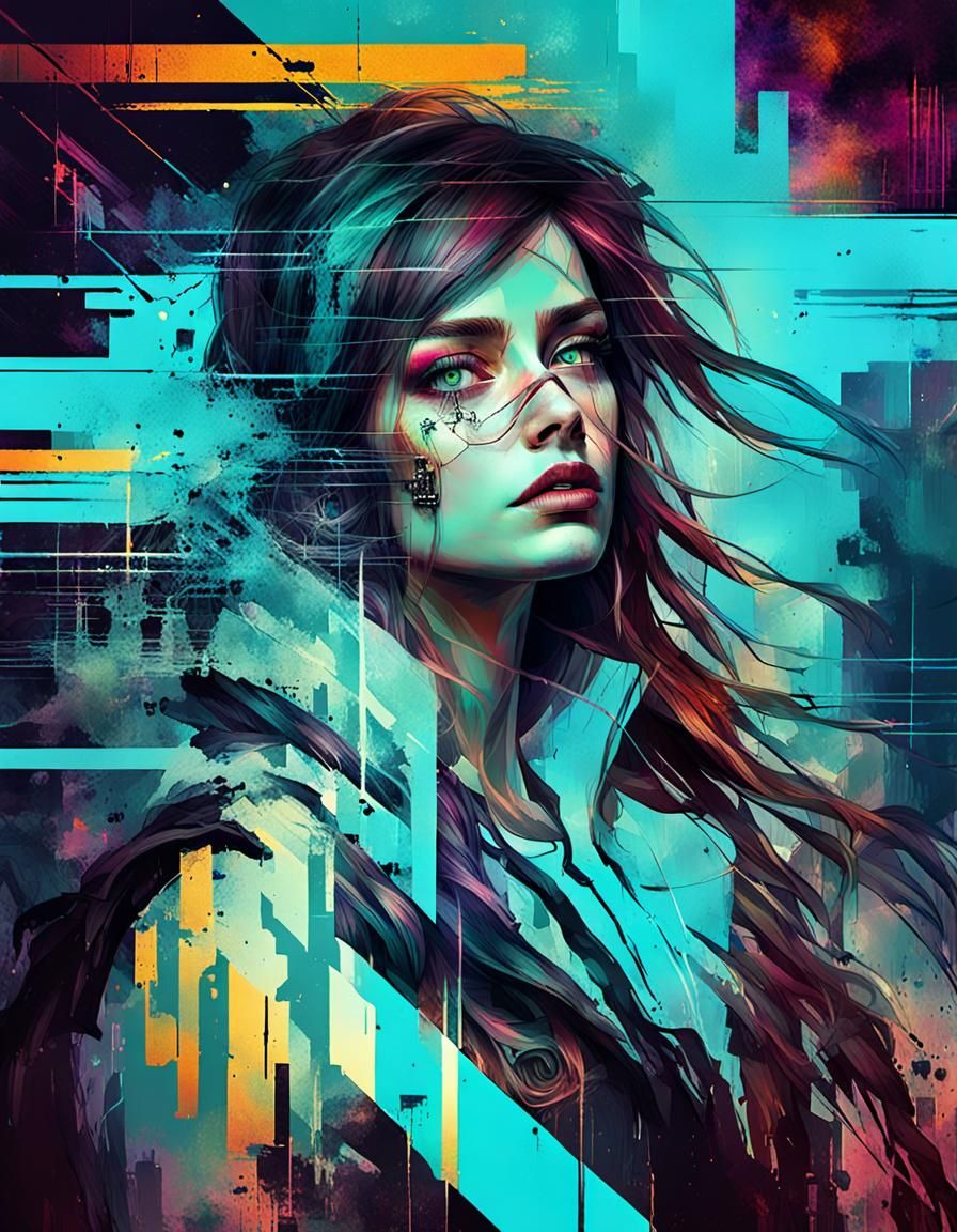 Glitch Art Portrait with Steampunk and Neon Details
