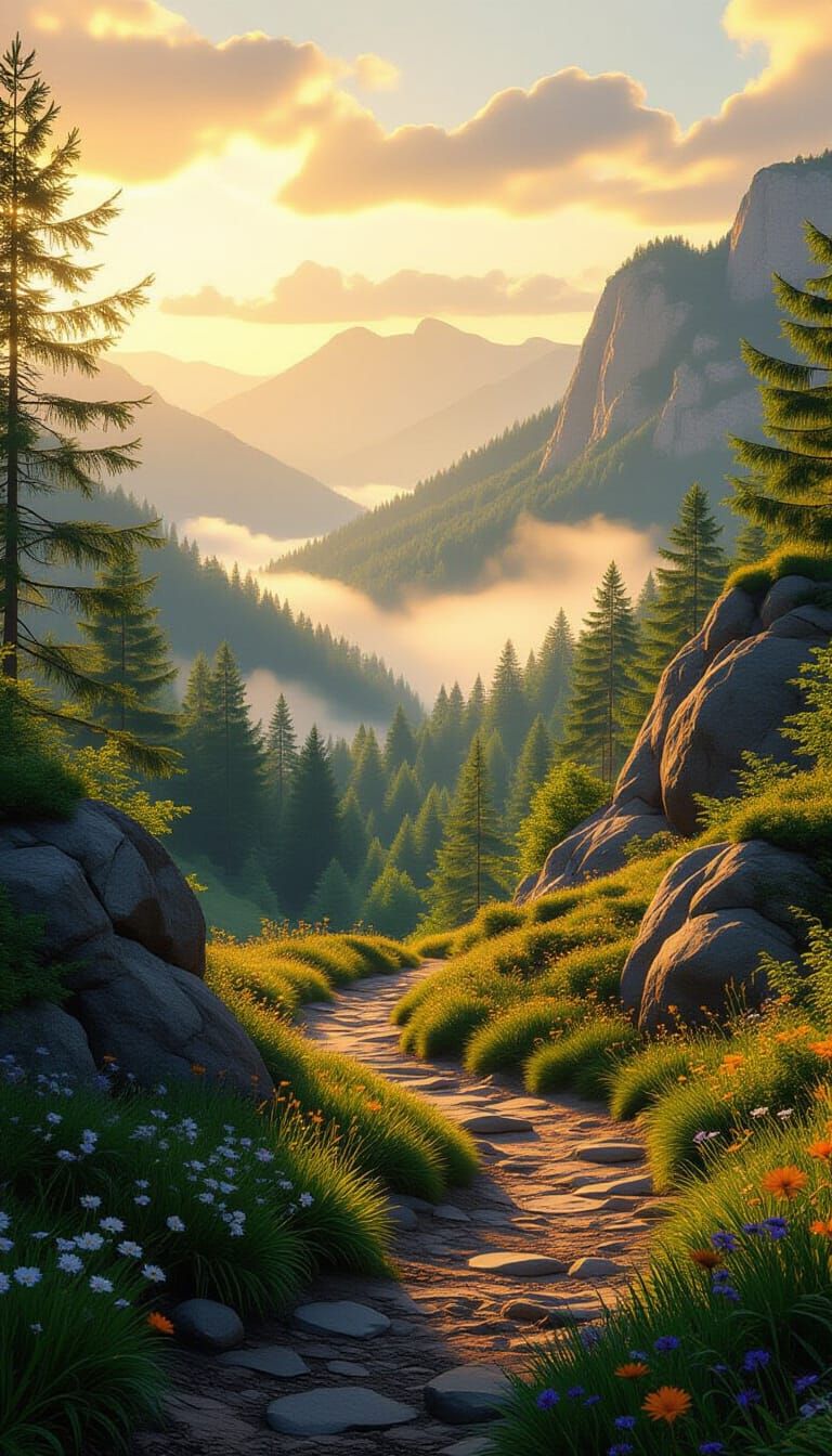 Lush Forest Path Through Mountains in Photorealistic Style