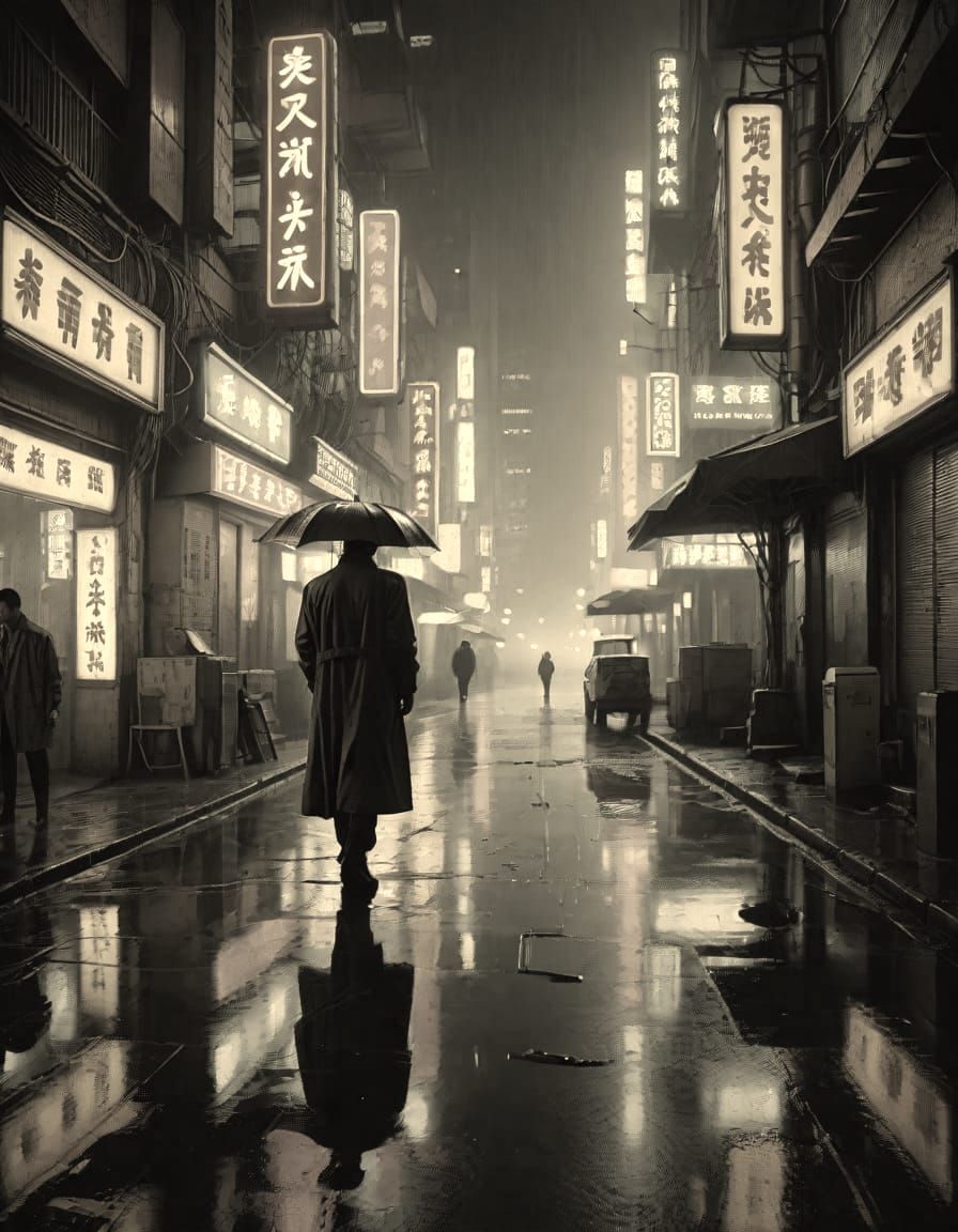 Neon Reflections on Rainy City Street in 16mm Film