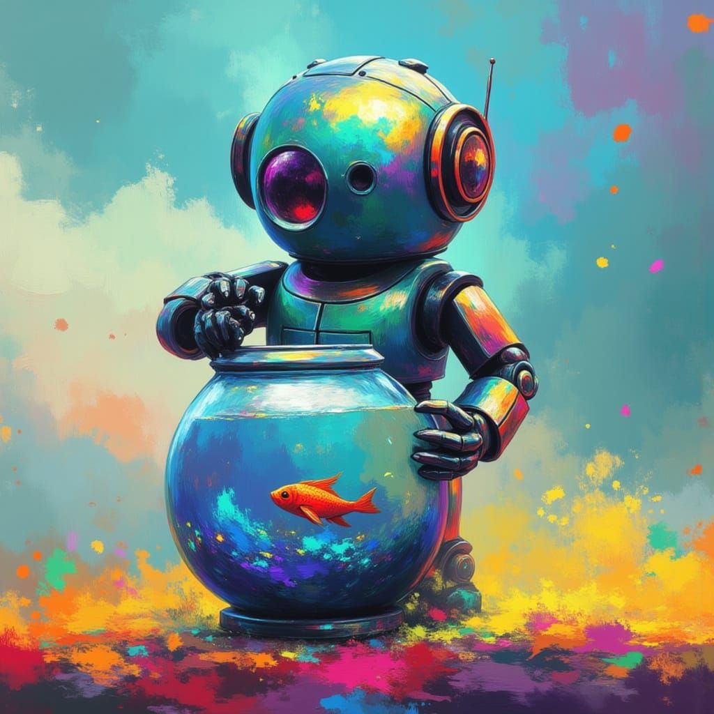 Cute Robot Holding a Fishbowl