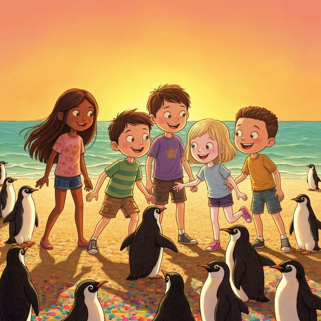 Children and Penguins on a Beach at Sunset