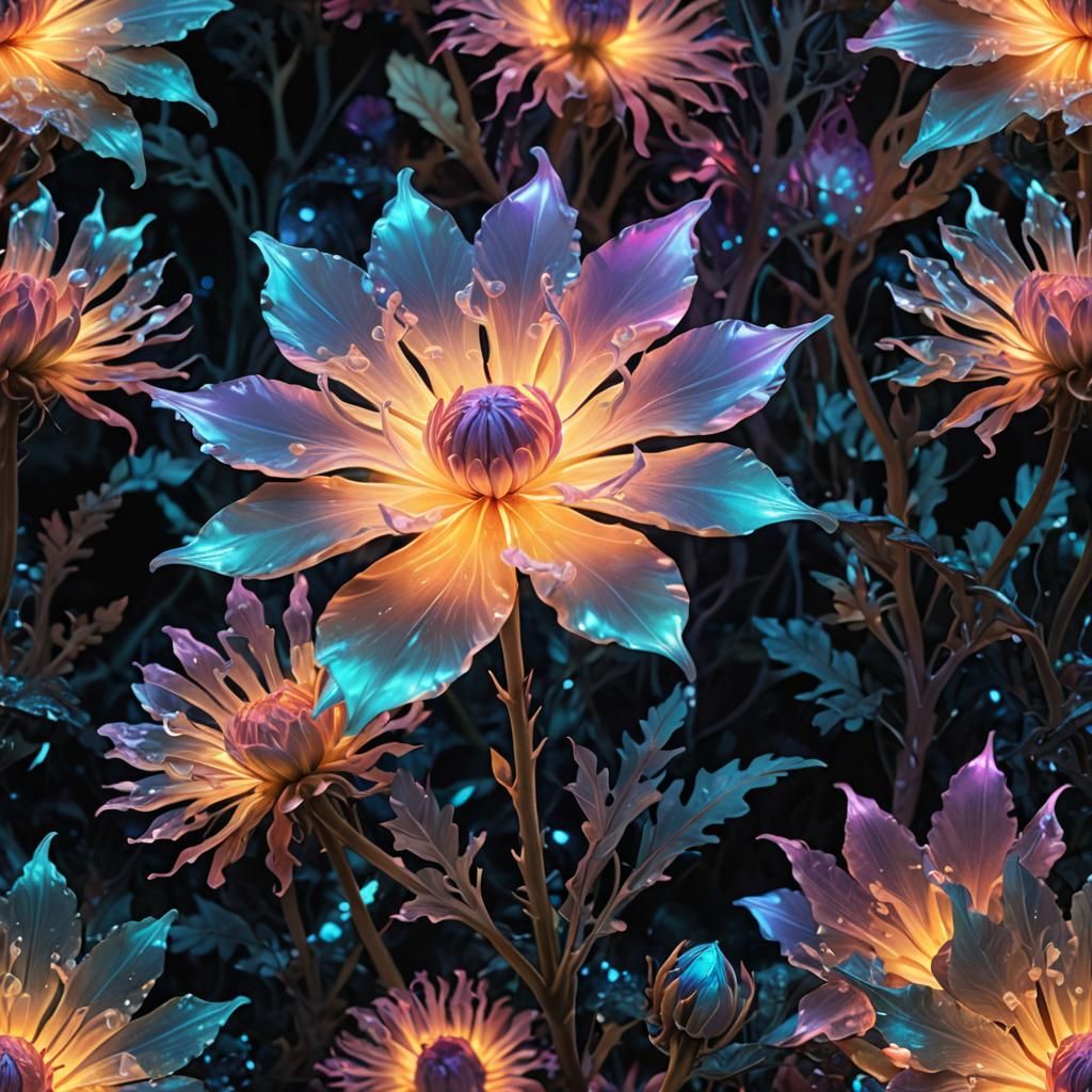Iridescent Landscape with Mutated Glowing Flower
