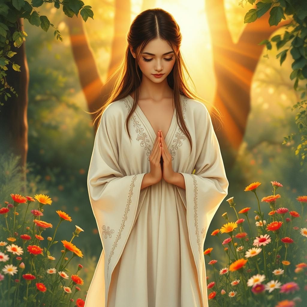 Woman in Forest Glade, Watercolor Style