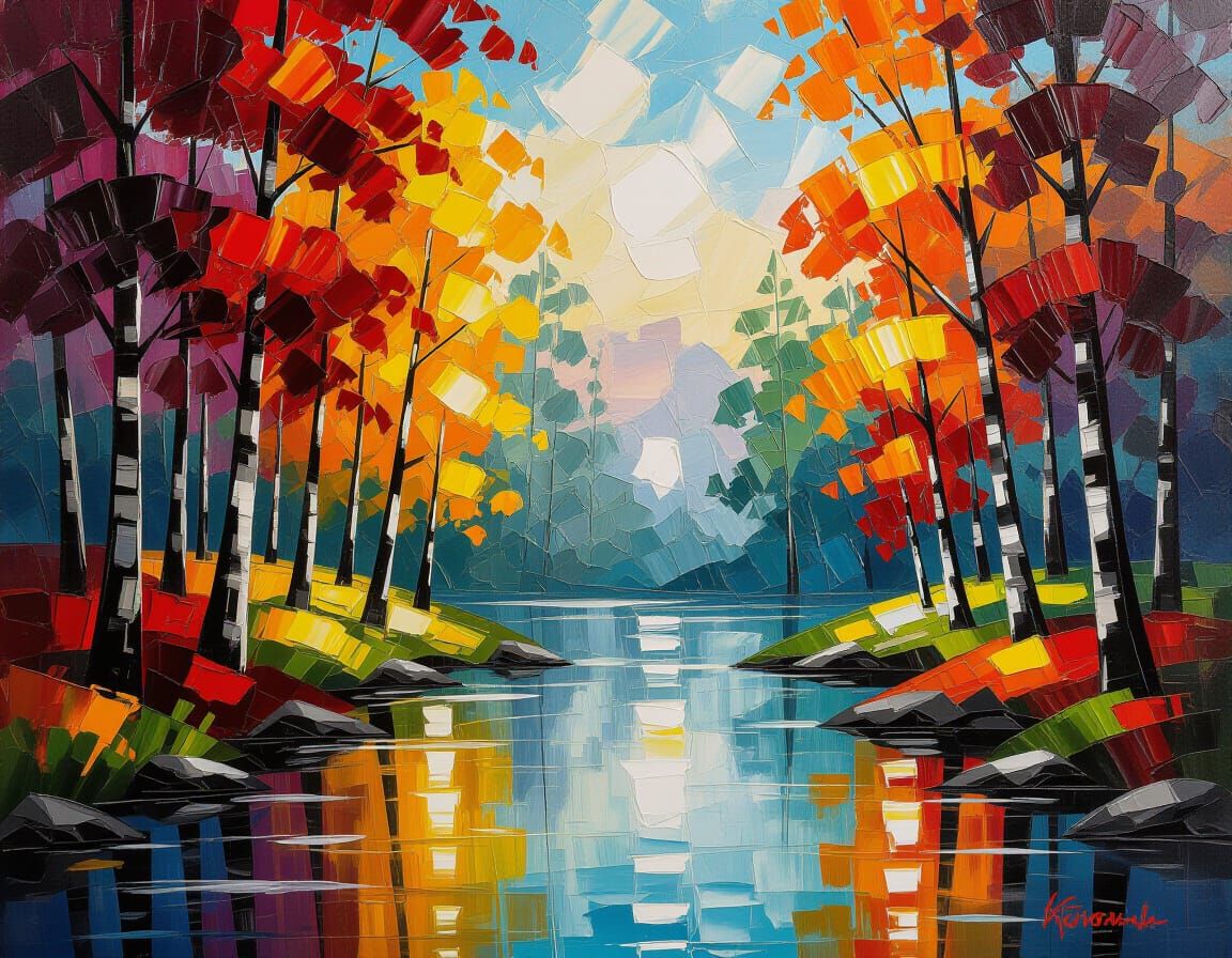 Vibrant Impressionist Autumn Forest With Stream