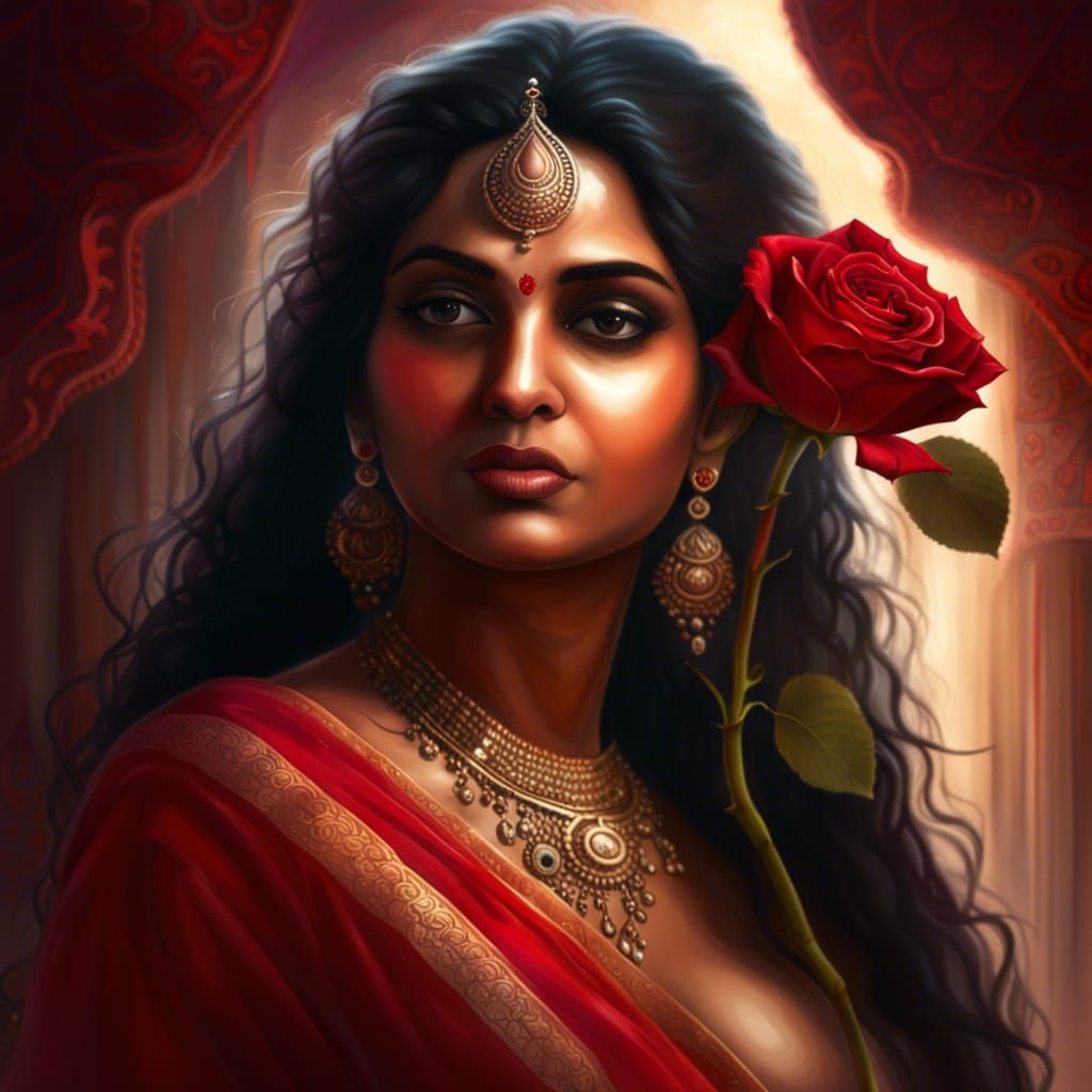 Indian Fertility Goddess in Blouseless Saree: Digital Painti...