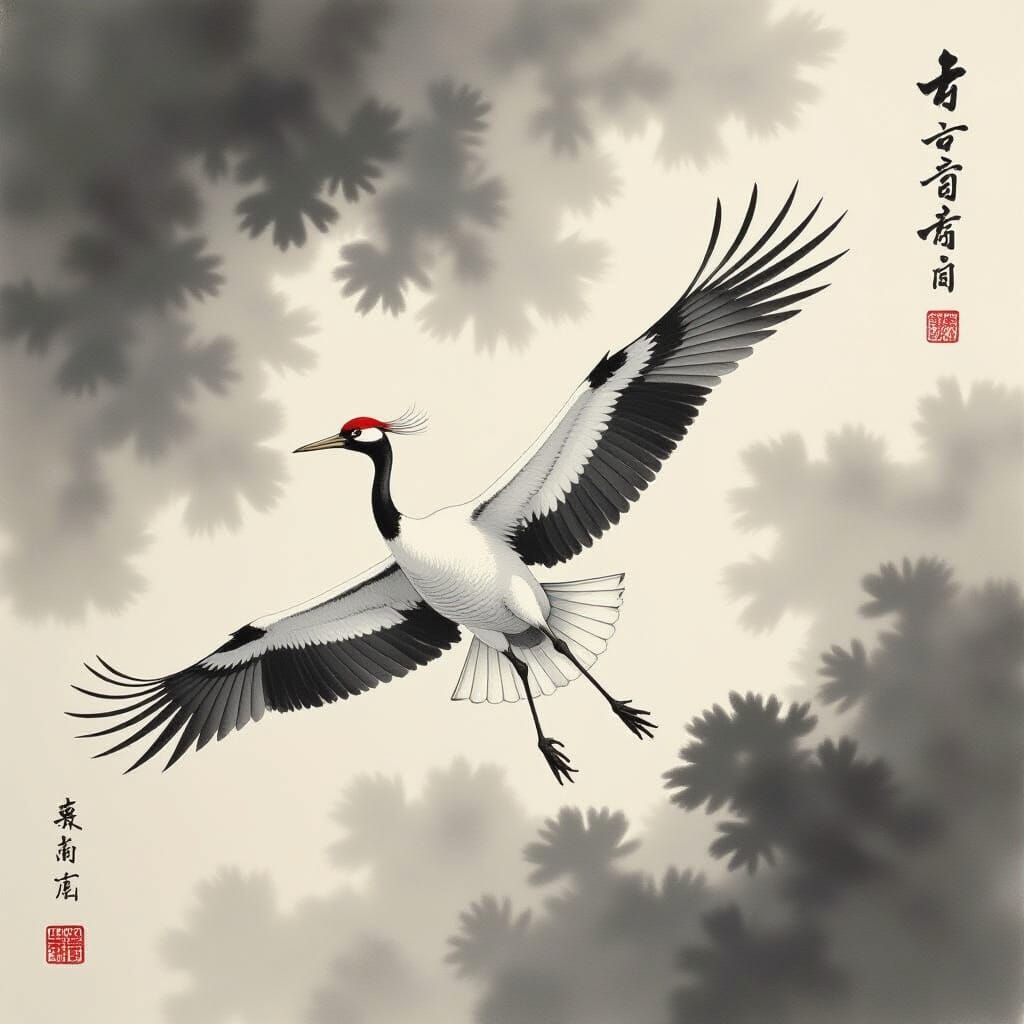 Crane in Flight: Ink Wash Painting Style