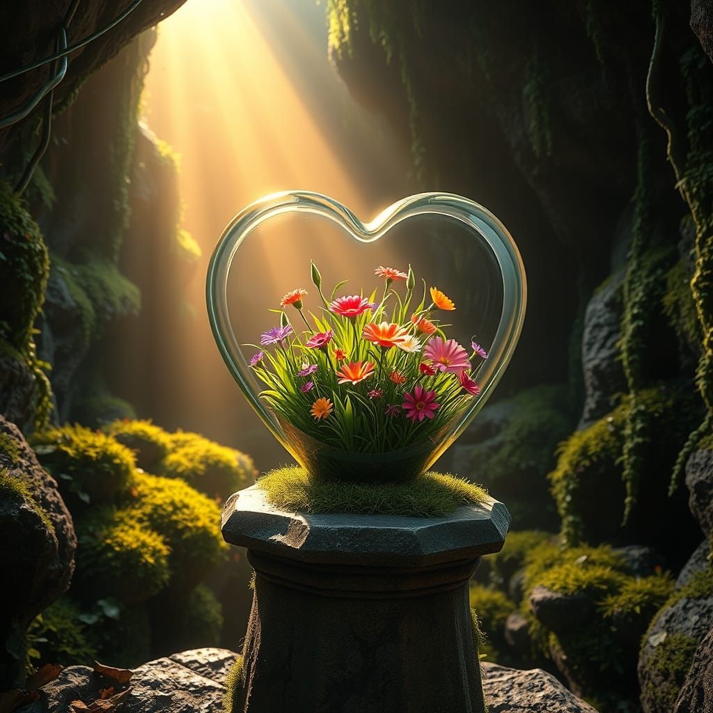 Decorated heart shaped glass phial with vibrant colored gras...