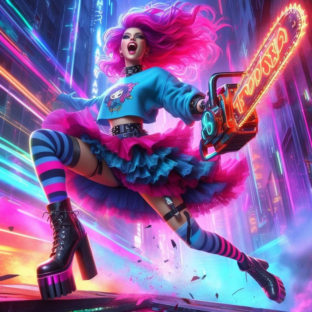 Futuristic Rebel with Neon Chainsaw in Cyberpunk Style