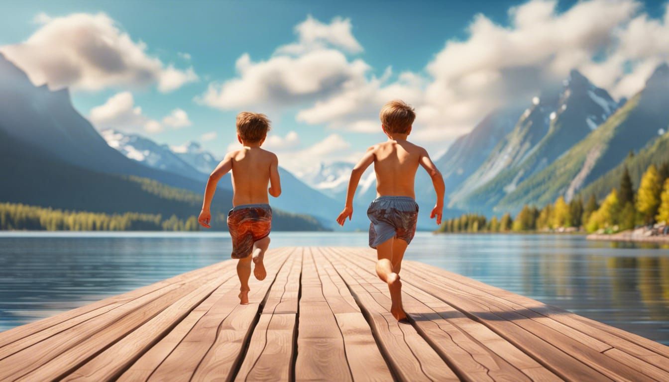 Boy Runs on Boardwalk with Mountain View