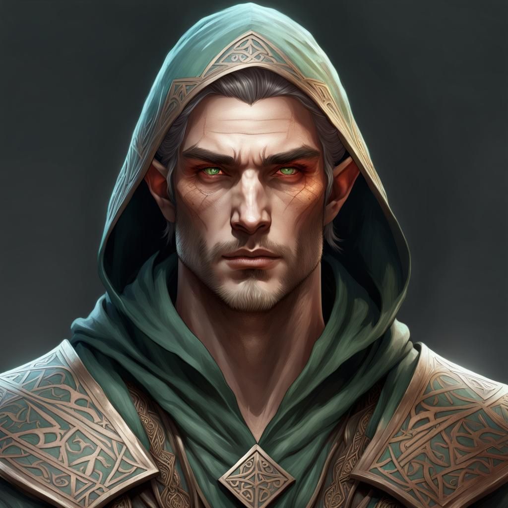 Runic Elf Wizard Portrait in Art Nouveau Style