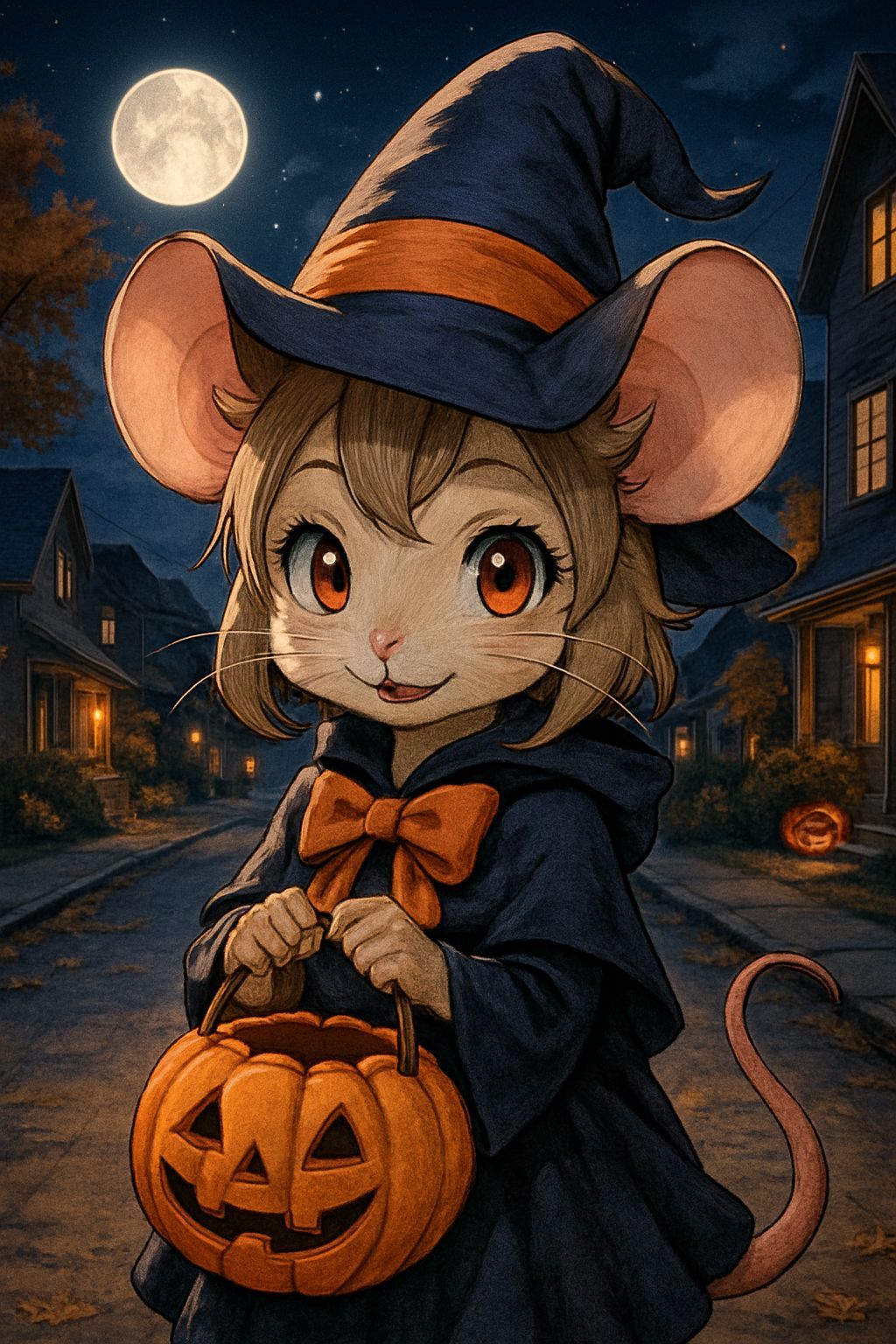 Cute Mouse Witch in Halloween Costume Holding Candy Bag