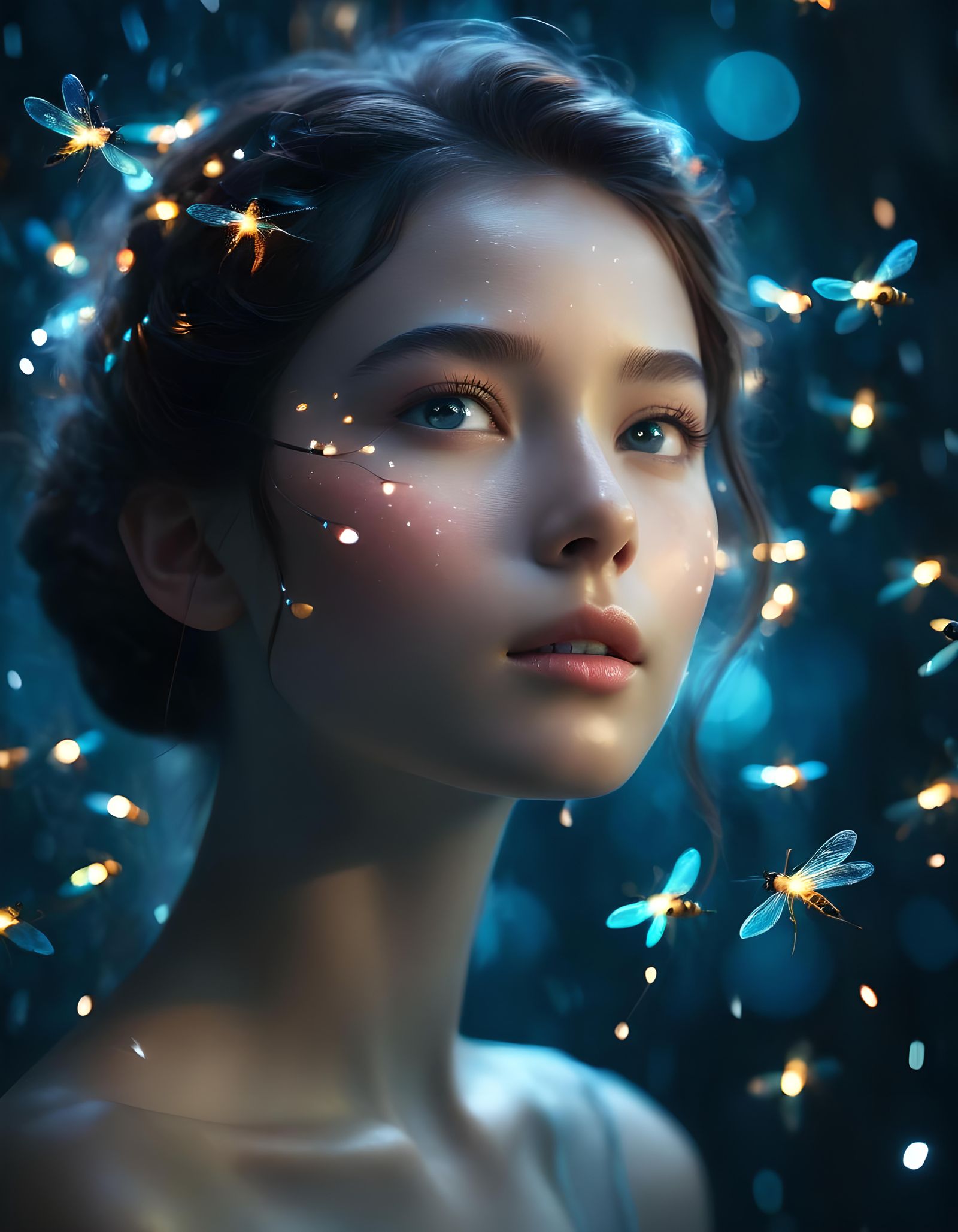 Shimmering Beauty Surrounded by Fireflies: Surreal Portrait