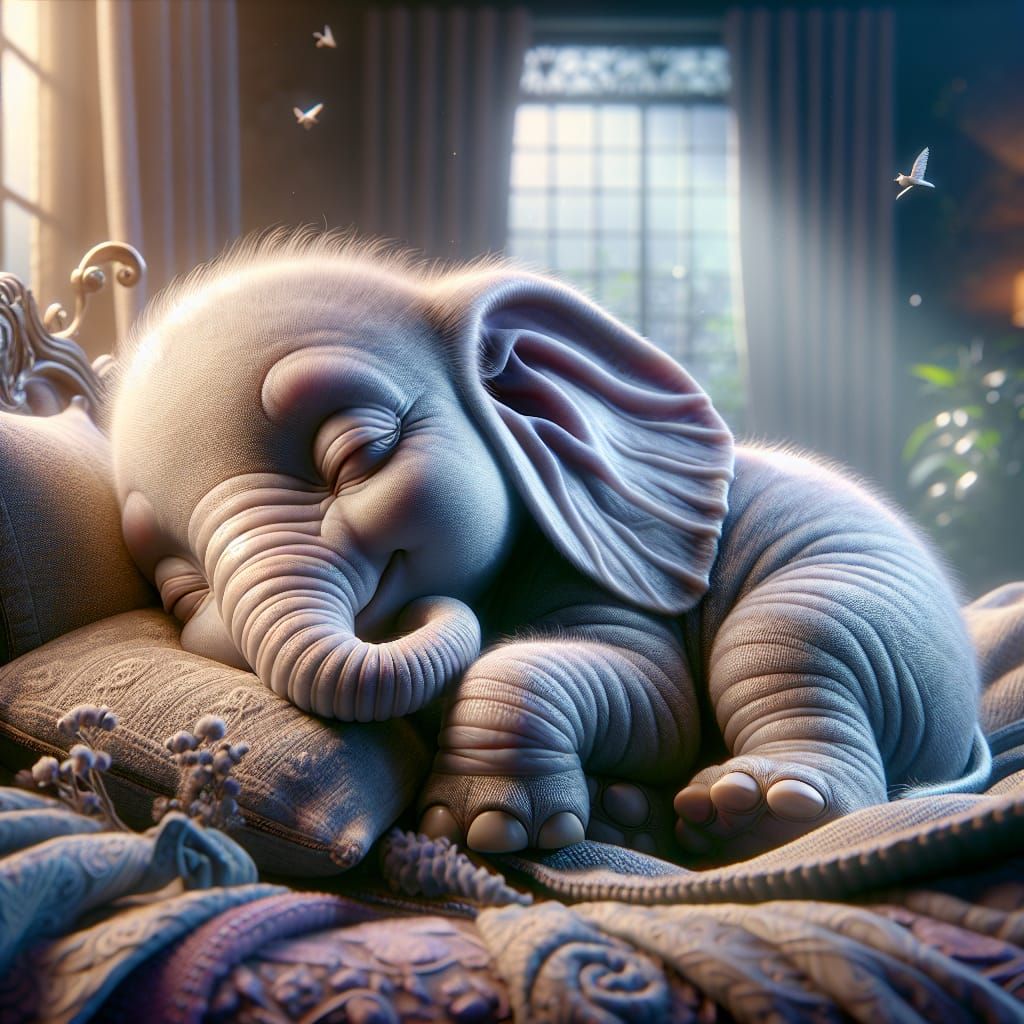 Adorable Baby Elephant Sleeping: Romantic Era Matte Painting