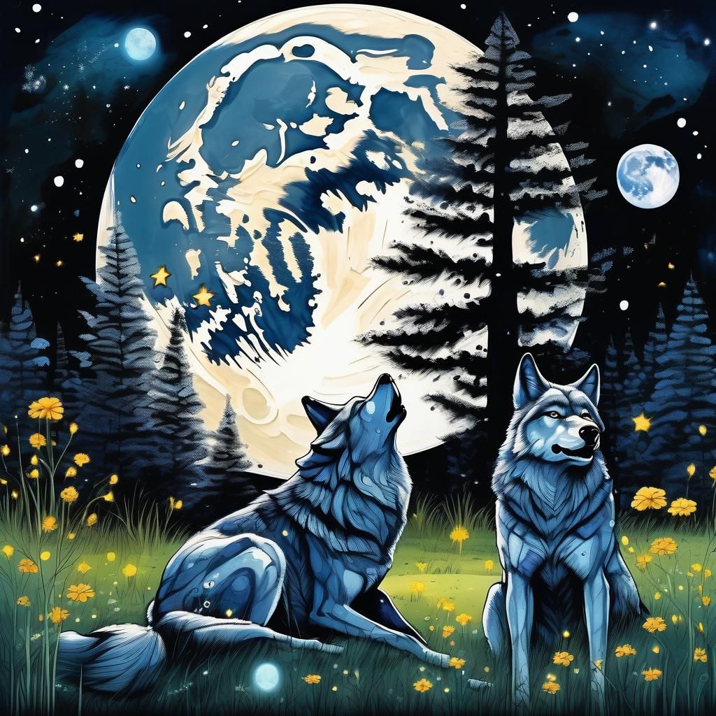 Wolves Under Moonlight in Ink Painting Style
