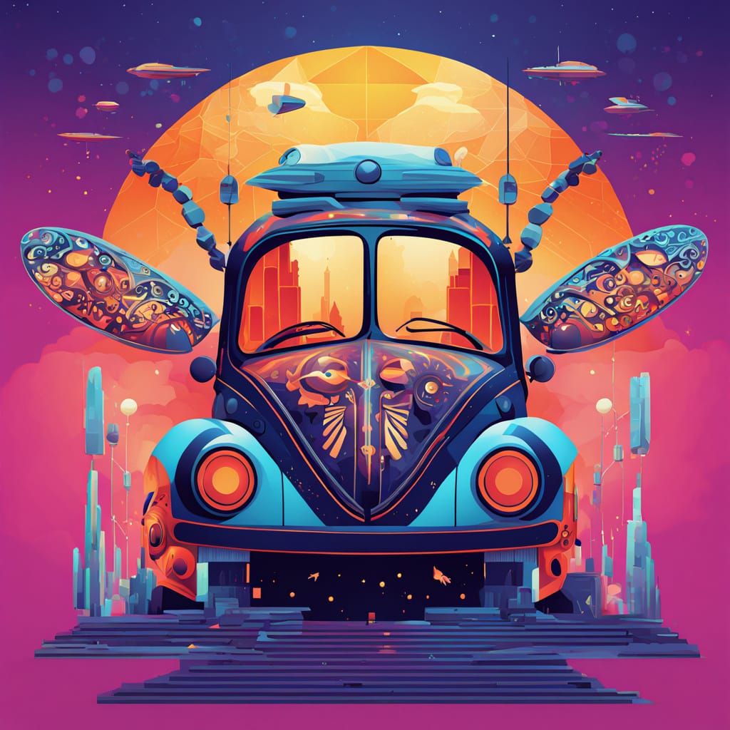 Volkswagen Beetle Spaceship with Robot Insect, Cubist Style