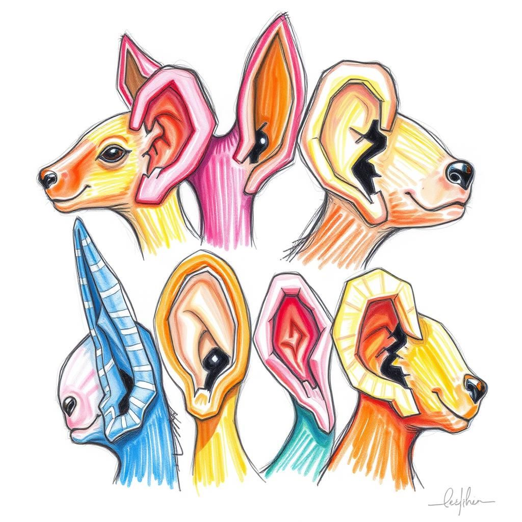 Whimsical Colored Pencil Drawing of Various Ears