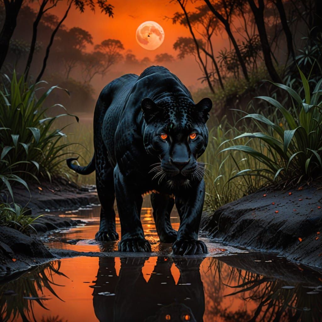 Majestic Black Jaguar Under Blood Moonlight
