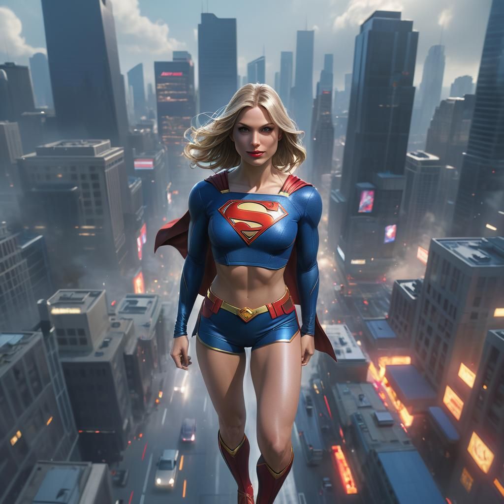 Supergirl Flies Over Metropolis: Detailed Digital Art