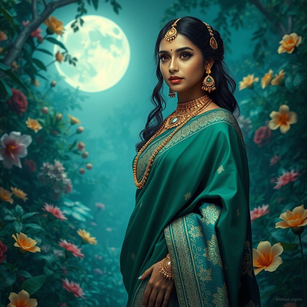 Indian Goddess in Emerald and Sapphire Majesty