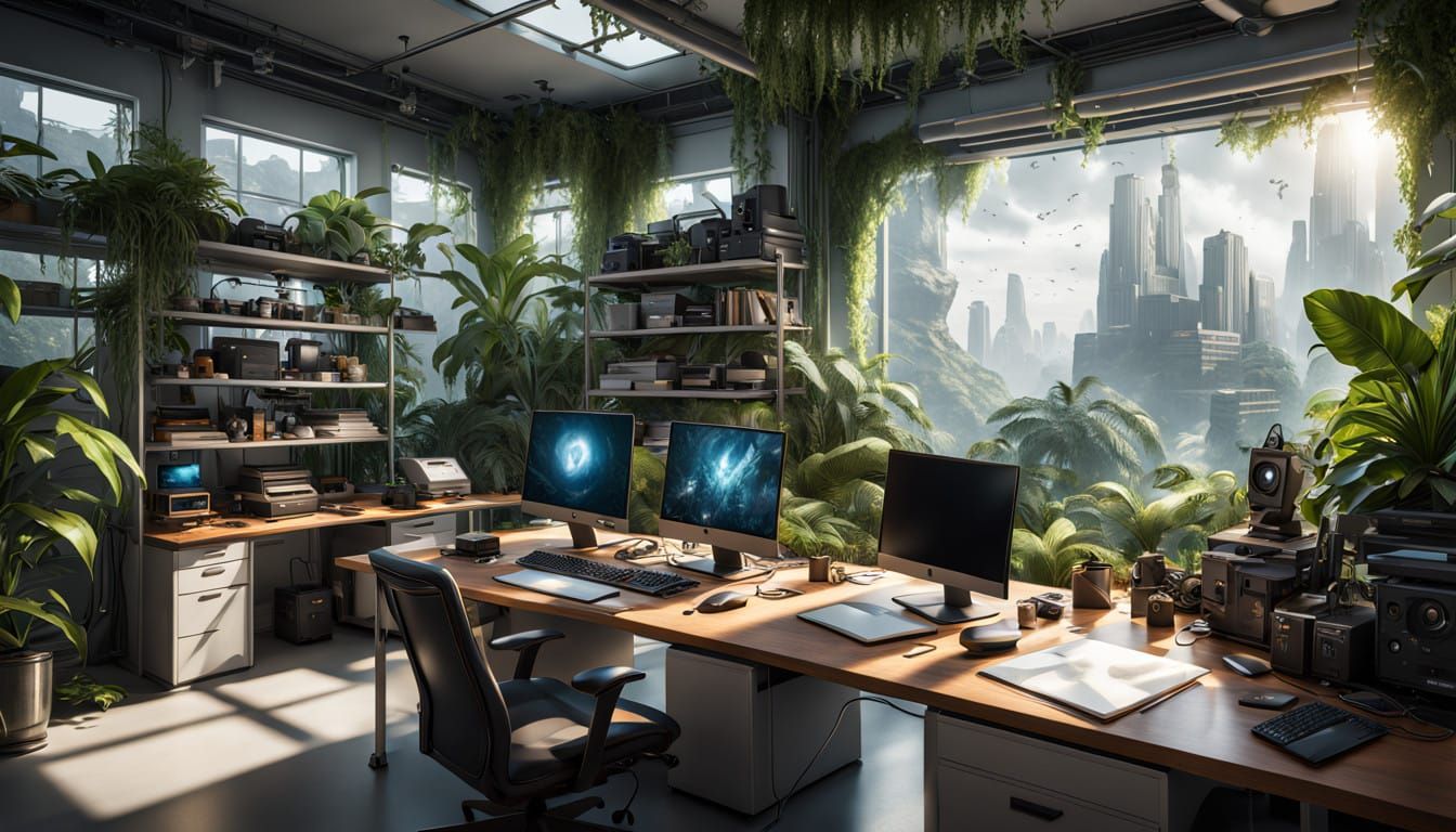 Epic Scientist in Lush, High-Tech Jungle Office Scene, 8K Re...