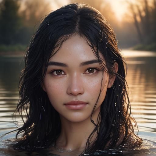 Woman Bathing in River at Sunset: Photorealistic Portrait